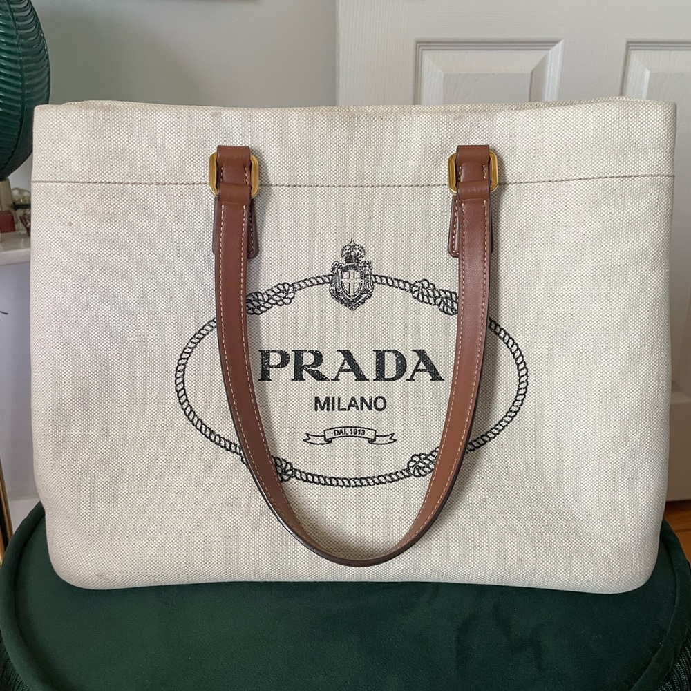 Prada Vitello Mistolino Cream and Brown Tote Bag with Iconic Logo - Picture 2 of 7